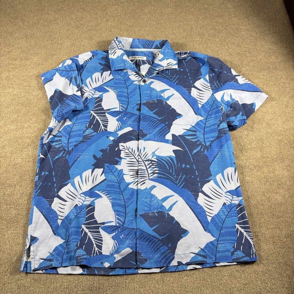 Tommy Bahama Mens Large Blue Palm Print Silk Short Sleeve Button Front Shirt - Picture 2 of 8
